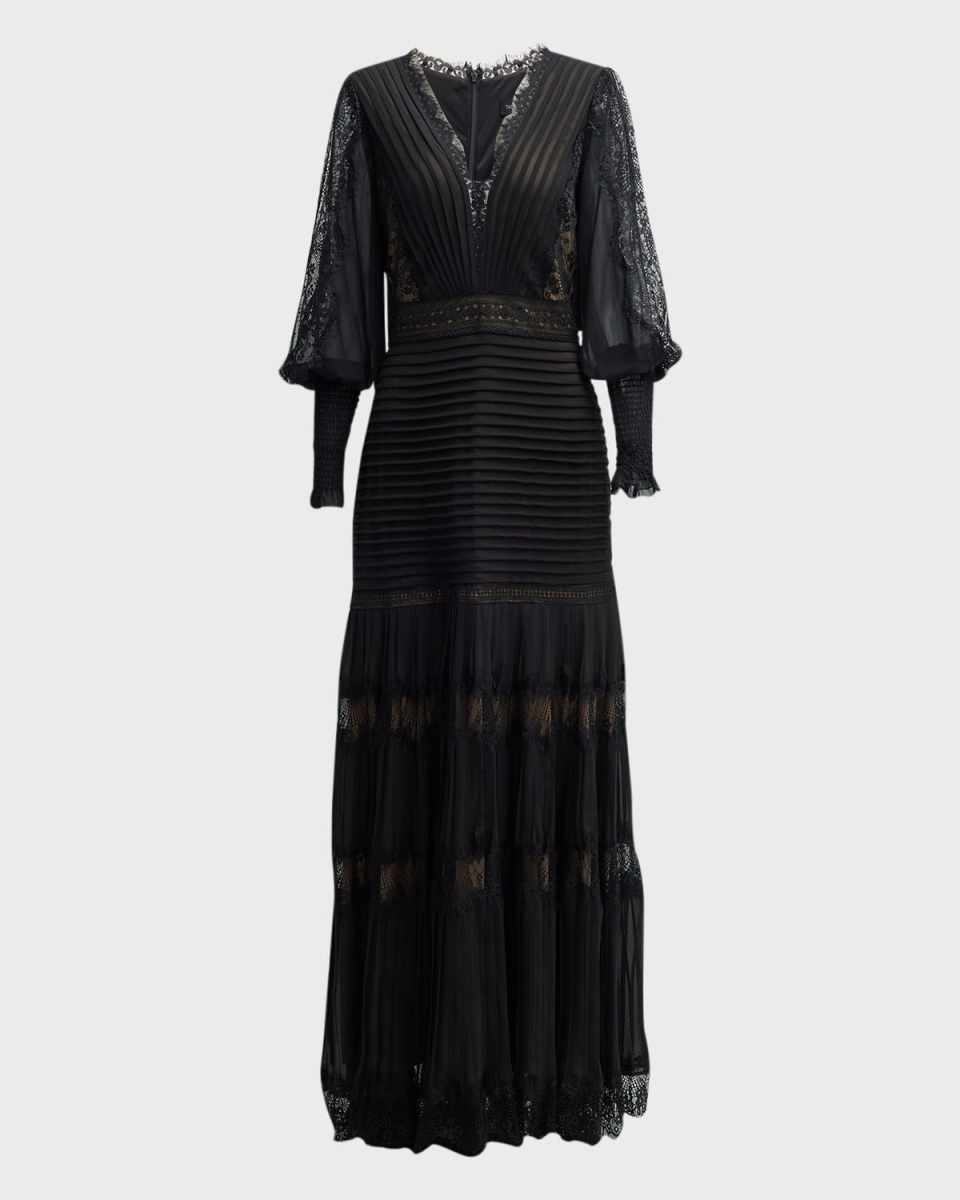 Tiered Bishop-Sleeve Pleated Lace Gown